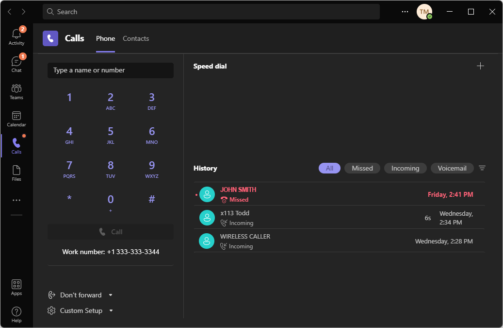 Microsoft Teams dialpad